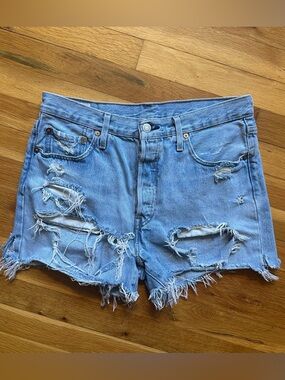 Levi's 501 Light Blue Distressed Denim Cutoff Shorts